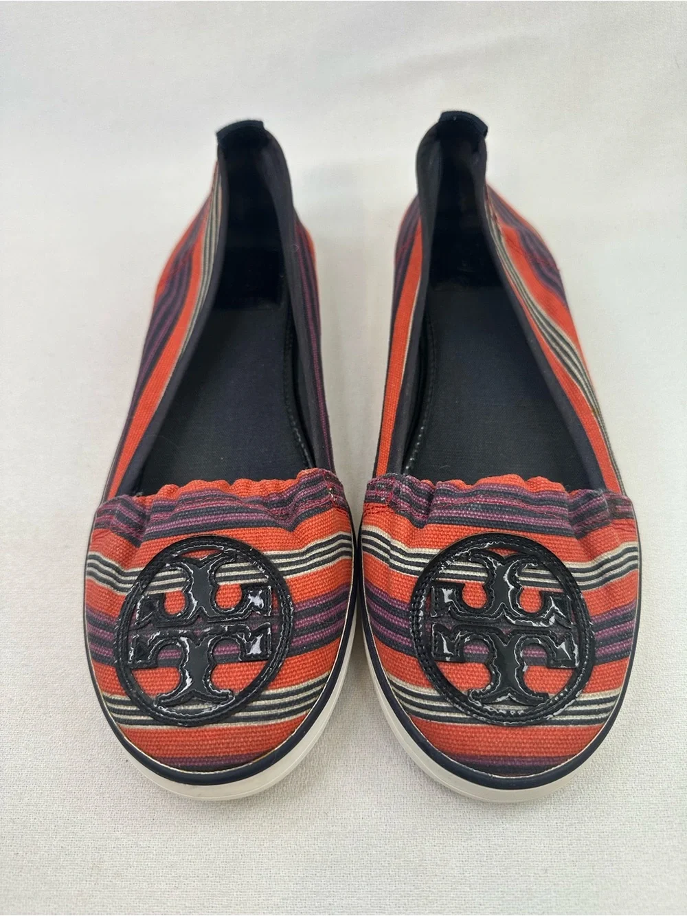Tory Burch Striped Canvas Slip On Flats Logo Shoes Women’s 7.5 Multicolor